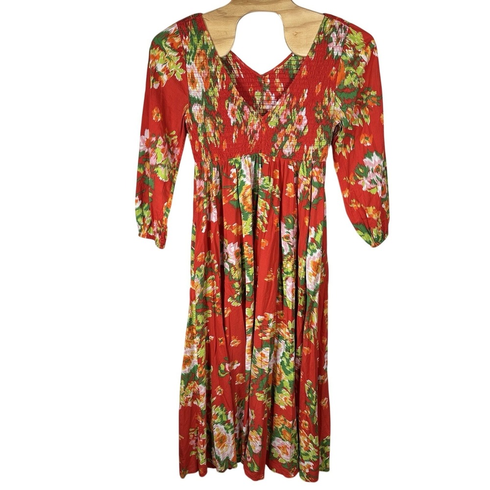 Baacal The Joni Maxi Dress Size 4/22-24 Red Floral Smocked V-Neck Cotton Pockets